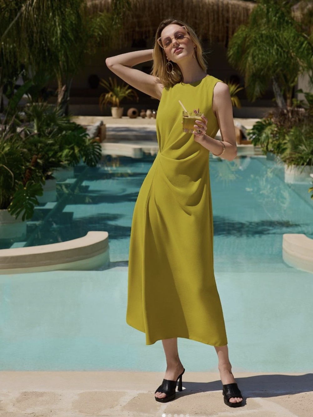 ZARA WOMAN SIDE RUCHED MIDI DRESS MUSTARD LIME| SS24 2900/571